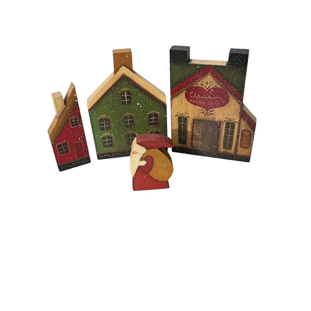 Vintage Artisan Wooden Christmas Village Set  Multicolor Rustic Folk Art Decor